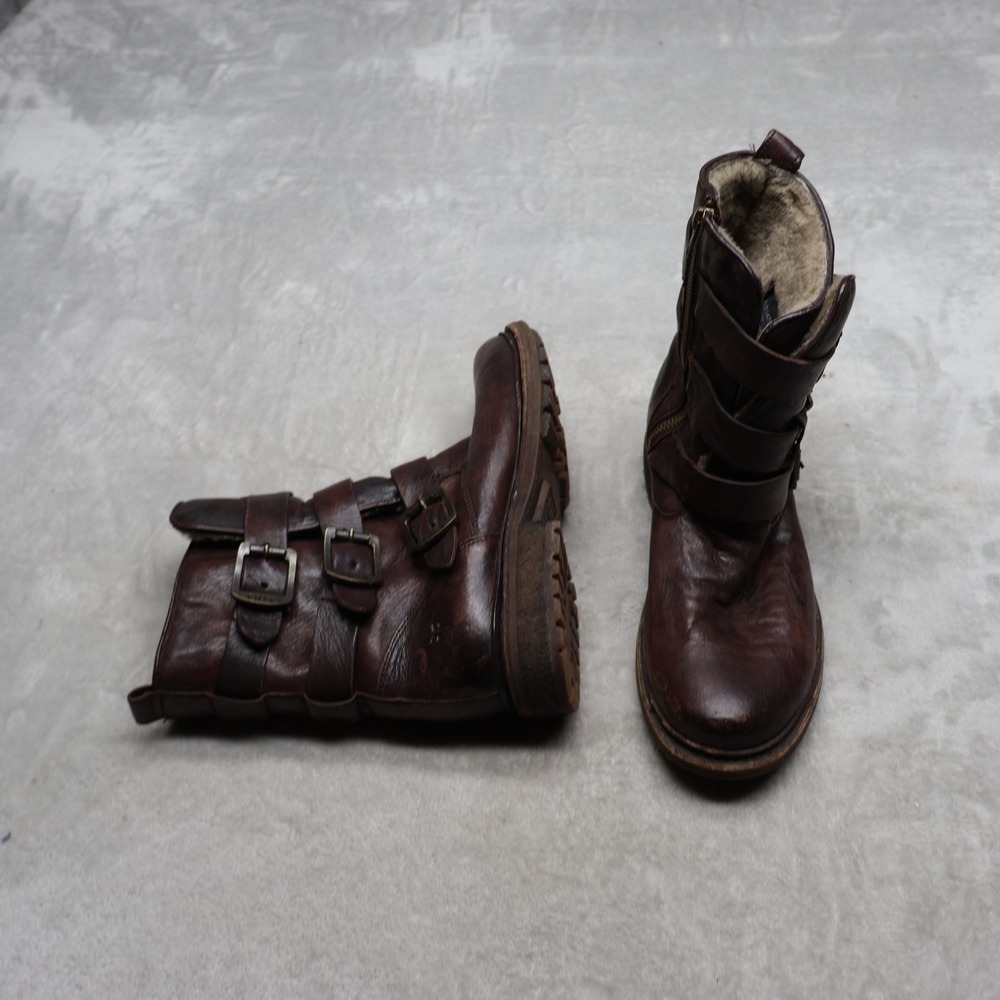Frye Women 9.5B Moto Boots Brown Leather Veronica Strappy Shearling 3475008-DBN